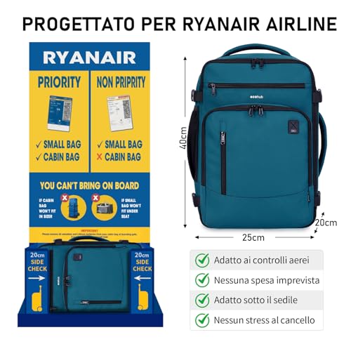 ECOHUB Ryanair Ryanair Backpack 40 x 20 x 25 cm Hand Luggage 40 x 20 x 25 cm Ryanair Travel Backpack Travel Bag Eco Friendly Tote Bag Recycled PET 20 Litres Patented Blue Green