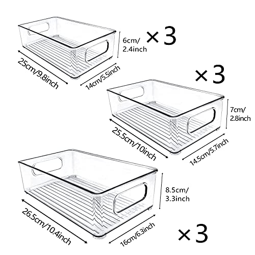 3 Sizes Pack of 9 Stackable Clear Food Storage Bins for Refrigerator, Kitchen Countertop, Pantry Organizer, Plastic Storage Bins with Handles for Spice, Snacks- Not Safe in Dishwasher