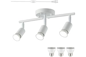vivihobb Dimmable Plug in Track Light White 3 Light Plug in Ceiling Lighting Fixture with 16.4' Long Cord,4 Way Ceiling Spotlight,Rotatable Wall Mount Light Head,LED dimmable Spot Bulbs Included