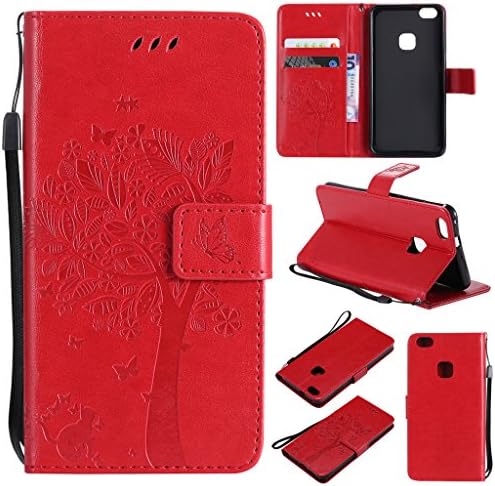 Huawei P10 Lite Wallet Case -MOONESS Embossing Fashion Floral Countryside PU Leather Case,Magnetic Flip Kickstand Cover Card Holders &amp; Hand Strap for Huawei P10 Lite(Red)
