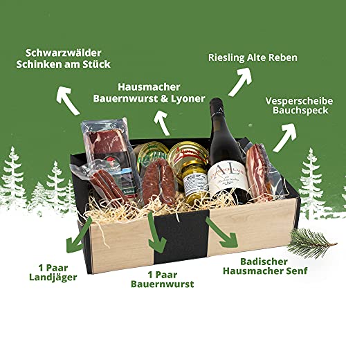 Schwarzwald Metzgerei - Geschenkset "Vesper" mit verschiedenen Wurtsspezialitäten, einem Gourmet-Senf und hervorragenden Weißwein - 8-teilig – Bild 3