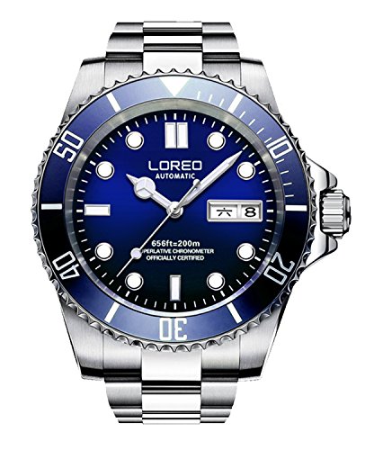 LOREO Mens Silver Stainless Steel Sapphire Glass Blue Rotating bezel Men's Automatic date week Watch LOREO Mens Silver Stainless Steel Sapphire Glass Blue Rotating bezel Men's Automatic date week Watch
