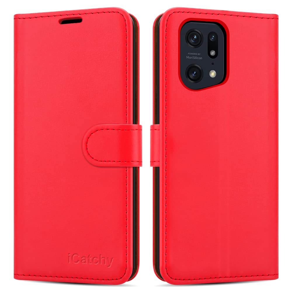 iCatchy for OPPO Find X5 Pro 5G Case Leather Wallet Book Flip Folio Stand View Cover Magnetic Closure with Card Slots and Kickstand Cover Compatible with OPPO Find X5 Pro 5G Phone (Red)