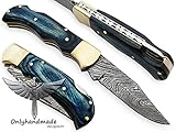 OHM-064 Custom Handmade Damascus Steel Folding Knife - Beautiful Blue Wood Handle with Leather sheath. Knife is durable