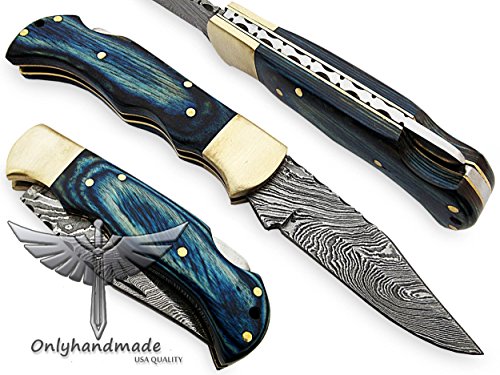 OHM-064 Custom Handmade Damascus Steel Folding Knife - Beautiful Blue Wood Handle with Leather sheath. Knife is durable