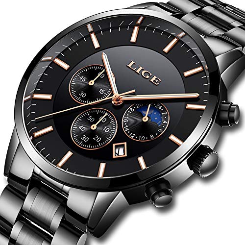 Mens Watches Sports Military Analog Quartz Watch Man Fashion LIGE Waterproof Chronograph Stainless Steel Band Wristwatch Luminous Date Calendar Clock