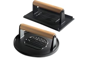 XUDAKAIXIN Cast Iron Smash Burger Press (2PCS),Grill Bacon Meat Press Tool,Perfect for Blackstone, Camp Chef, Weber Grills & Indoor Griddles – BBQ & Cookout Must-Have (Round & Rectangle -Grooved)