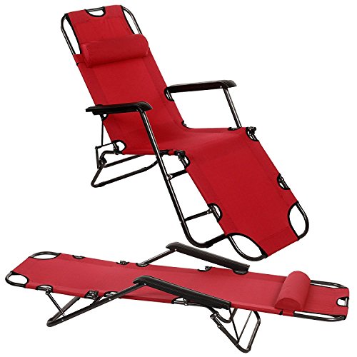 Hindom Outdoor Folding Lounge Chair, Zero Gravity Chairs Pool Beach Recliner with Adjustable Pillow(US Stock) (Long Red)