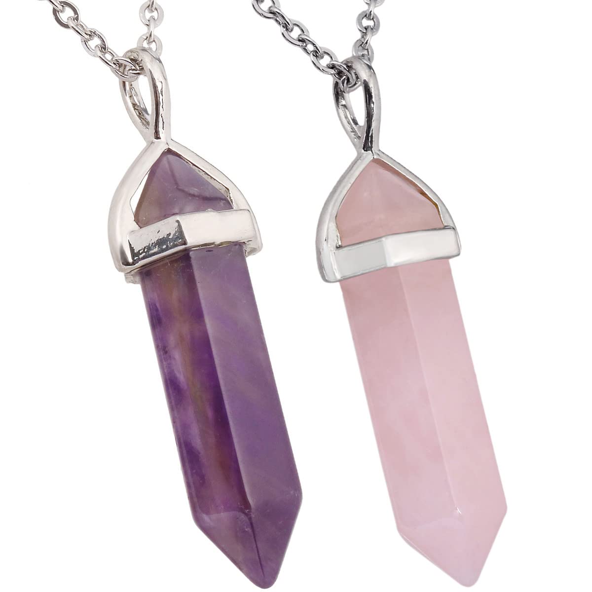 Nupuyai 2pcs Amethyst & Rose Quartz Hexagonal Stone Pendant Necklace for Women Men, Energy Protection Crystal Point Pendant with Chain