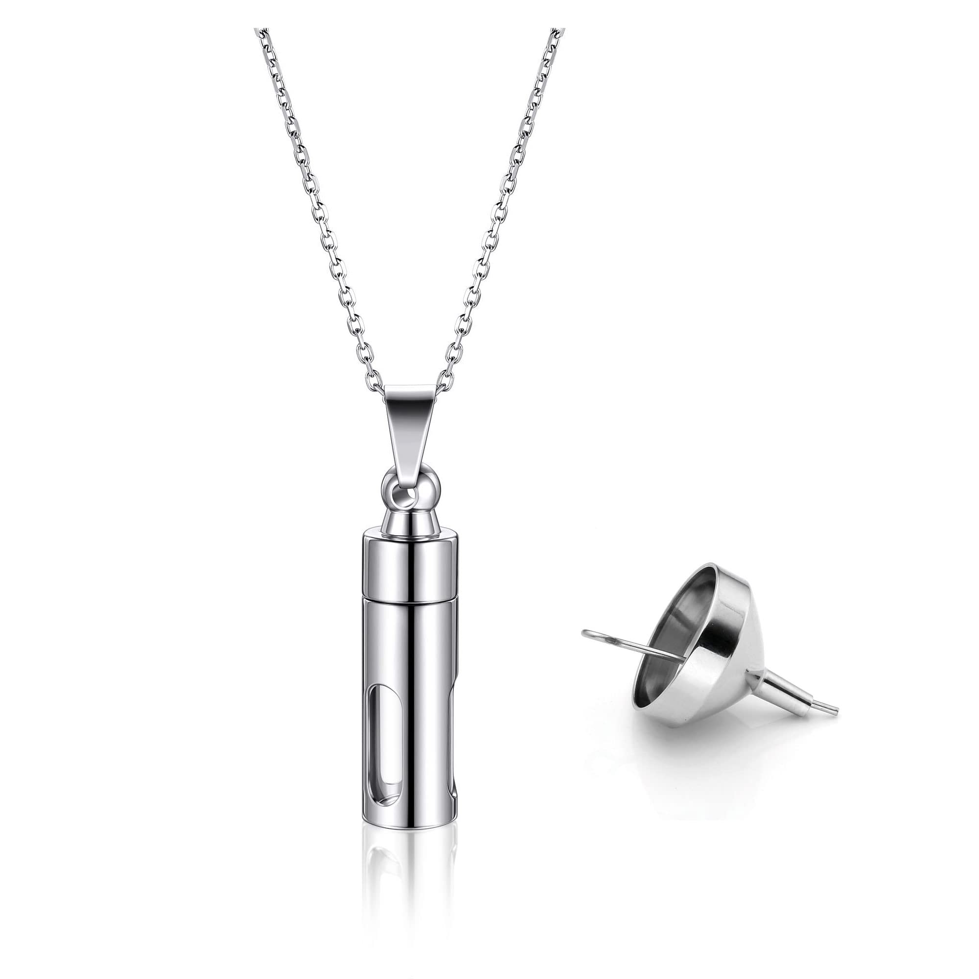 PiercingJak Personalized Custom Stainless Steel Acrylic Cylinder Urn Necklace Ashes Keepsake Memorial Pendant Human Being Ashes Holder Cremation Jewelry w/Fill Kit