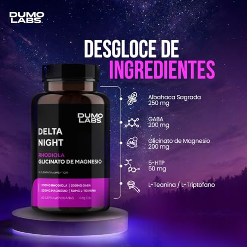 DUMO Delta Night | Capsulas para Dormir y Relajación | Suplemento Natural para el Sueño con GABA, Albahaca Sagrada, 5-HTP y Magnesio | Apoyo al Descanso Profundo y Equilibrio Mental | 60 Cápsulas Veganas sin Gluten | 1 Mes de Consumo