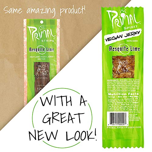 Primal Spirit Vegan Jerky - "Classic Flavor" - Mesquite Lime, 10 g. Plant Based Protein, Certified Non-GMO, No Preservatives, Sports Friendly Packaging (24 Pack, 1 oz)