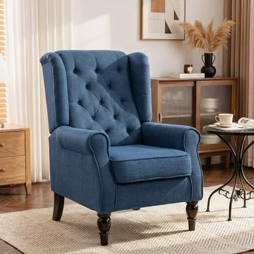 HOMCOM Fabric Accent Chair, Button Tufted Armchair, Upholstered Modern Living Room Chair, Wingback Chair with Wood Legs, Rolled Arms, Thick Padding for Bedroom, Blue