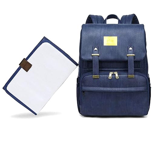 Kiddale Premium Baby Diaper Mummy Bag Stylish Multifunctional PU Leather Backpack with Diaper Changing Station, Insulated Pockets, Stroller Hooks-Blue