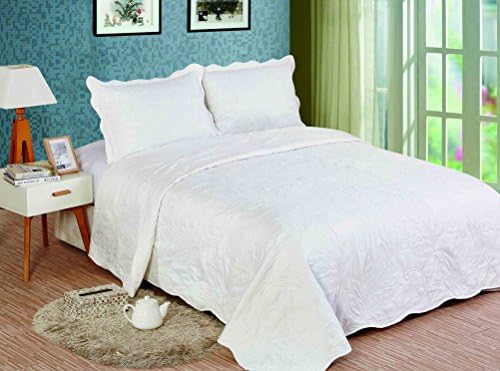 Reversible Microfiber Comforter Modern Embroidered 3 pc Quilt Set King Size US Seller !! (White)