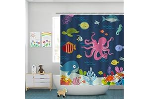 RosieLily Kids Shower Curtain, Ocean Shower Curtains, Under The Sea Shower Curtain with 12 Hooks, Sea Animal for Kids Bathroom Decor, 72''W x72''H