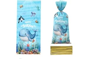 Pack of 50pcs Vibrant Blue Ocean Underwater Cute Whale Fish Starfish Coral with Happy Birthday Text Party Favor Bags Cellopha