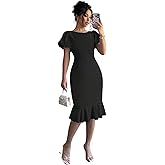Bodycon Midi Summer Dresses for Women 2025 Elegant Puff Sleeve Ruffle Trim Solid Color Pencil Dress