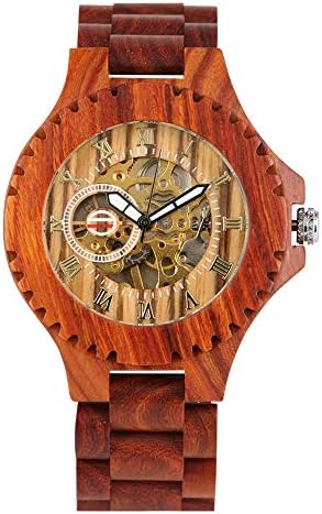 Beautiful Automatic Mechanical Wooden Watch for Men, Exquisite Hollow Out Automatic-self-Winding Wooden Watches for Women, Durable Red Brown Band Wooden Wristwatch for Ladies