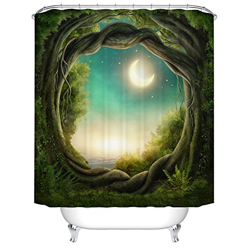 Waterproof Polyester Fabric Bathroom Shower Curtain, Qile Mildew-Resistant Anti-Bacterial 3D Digital Printing Pattern Shower Curtains with 12 Ring Hooks, 180 x180cm (Greenery Trees Decor Moon)