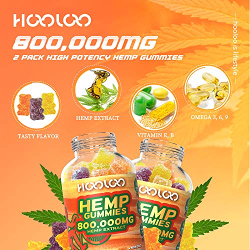 2 Pack Hemp Gummies, HOOLOO 800,000MG Vegan Fruity Hemp Gummy Bears for Relaxing, Sleep Better, Reduce Stress Anxiety, Natural Hemp Extract Gummies, Made in USA