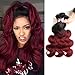 1B 99J Ombre Brazilian Body Wave Hair 3 Bundles, 10A Grade Burgundy Dark Red Bodywave Weave Human Hair Extensions 100g/pcs, 100% Unprocessed Hair (16