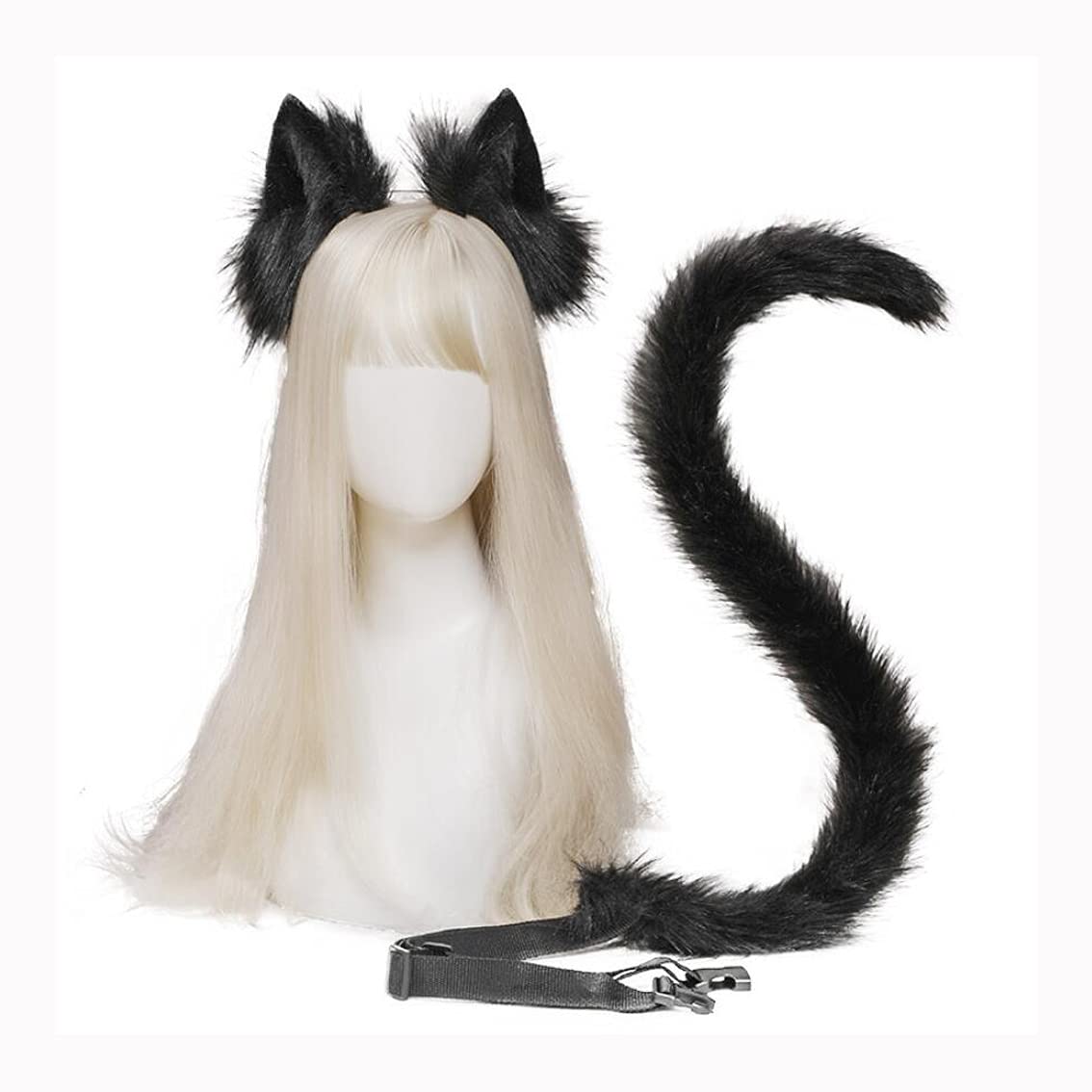 Faxianther Furry Cat Fox Wolf Ear Headband Long Tail Set Women Halloween Costume Props Accesorry Set Fancy Dress Party Cosplay Animal Ears Headpiece Cat Tail Kit