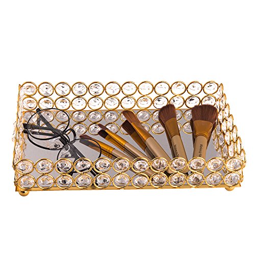 Feyarl Crystal Beads Cosmetic Tray Rectangle Jewelry Organizer Tray Mirrored Decorative Tray (Gold)