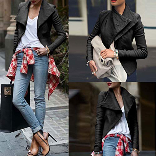 UONQD Fashion Women Turn-Down Coat Solid Tops Leather Loose Long Sleeve Coat(X-Large,Black) - Thumbnail 4