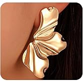 Chunky Gold Flower Earrings,Trendy Big Floral Statement Stud Earrings for Women,Funny Bohemian Everyday Drop Earring,Aesthetic Petal Jewelry Gifts