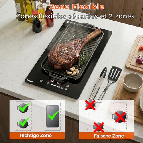 Topwish Induction hob with 2 burners, induction hob, flexible zones, built-in hob, 30 cm, with booster, 9 levels, timer, child safety, automatic switch-off, warm keep, 3500 W | Table de cuisson encastrable 30cm, avec Booster, 9 Niveaux, Minuterie, Sécurité Enfant, Arrêt automatique, Maintien au chaud
