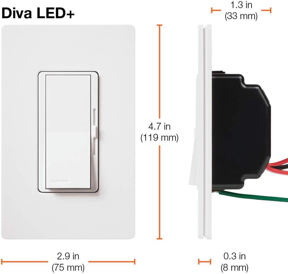 Lutron Diva LED+ Dimmer for Dimmable LED, Halogen and Incandescent Bulbs with Wallplate | Single-Pole or 3-Way | DVWCL-153PH-WH | White - Dimmer Switches - 