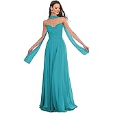 Elegant Strapless Prom Dress with Scarf Chiffon Pleated A Line Long Sweetheart Neck Bridesmaid Dresses for Women
