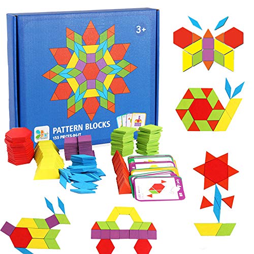 155 Pcs Wooden Pattern Blocks Set Geometric Shape Puzzle Kindergarten ...