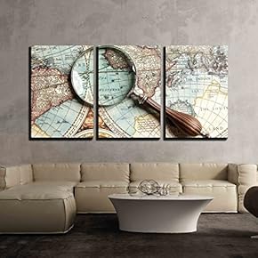 3 Piece Canvas Wall Art - Vintage Magnifying Glass on an Old Map. - Modern Home Art Stretched and Framed Ready to Hang - 16"x24"x3 Panels