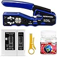 PETECHTOOL RJ45 Crimp Tool All-in-one Crimping tool Ethernet Wire Crimper Stripper Cutter for Cat5e Cat6 Cat6a Pass Through Connectors with 50pcs Cat6 Connectors and 1Pc cable tester and stripper