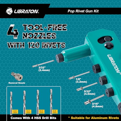 Libraton Professional Rivet Pliers, Pop Riveter, Blind Rivet Pliers, Manual Rivet Gun, Riveting Tool with 120 Blind Rivets, 4 HSS Drills, 4 Interchangeable Nozzles Without Tool