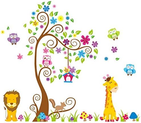 Tia*Wall stickers for kids room Baby Nursery Boys &amp; Girls Bedroom Decals,Giant Wall Decals Removable Vinyl Stickers Tree Cute Animals Owl and Colorful Flowers 60*80inch