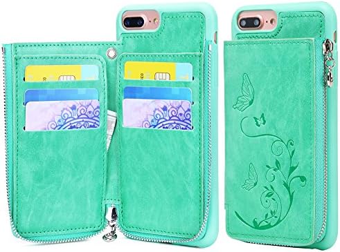iPhone 7 Plus Zipper Wallet Case, iPhone 8 Plus Leather Case, WaterFox Flower Butterfly Pattern Credit Card Holder Cases with Money Pocket, Cover for Apple iPhone 6 Plus/7 Plus/8 Plus - Green