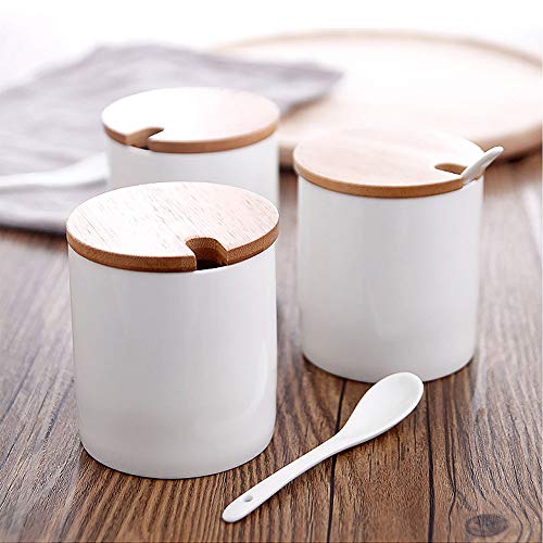 VanEnjoy Ceramic Round Sugar Spice Containers Porcelain Jar with Bamboo Lids, Tray and Spoons Round Condiment Set of 3 - Thumbnail 2