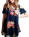 YILE SHU Women Casual Floral Print Cold Shoulder Short Sleeve Crisscross Front V Neck T Shirt Blouses ((US 16) XL, Blue)
