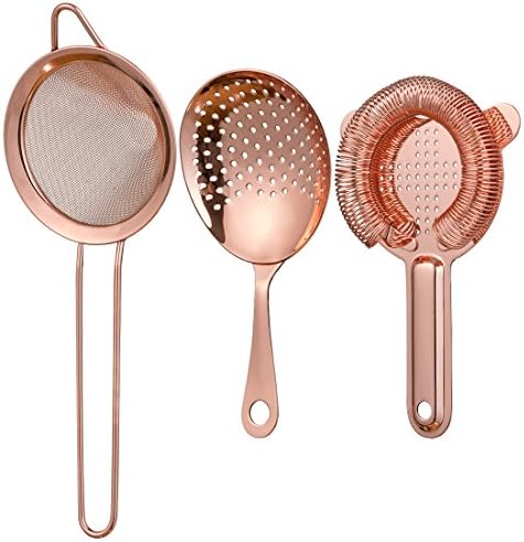 Copper Plated Cocktail Strainer Set for Professional Bartenders and Mixologists – Stainless Steel Hawthorne Strainer, Julep Strainer and Fine Mesh Conical Strainer