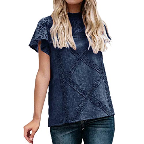 Women's Sexy Cutout Lace Paneling Flare Ruffle Short Sleeve T-Shirt Cute Floral Shirt Top Navy