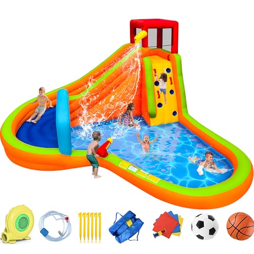 Inflatable Water Slide,6 in 1 Bounce House Outdoor Backyard,Waterslide with Slide,Large Splash Pool,Archway,Sprinkler,Climbing Wall & Water Cannon,480W Blower Included,Backyard Water Park