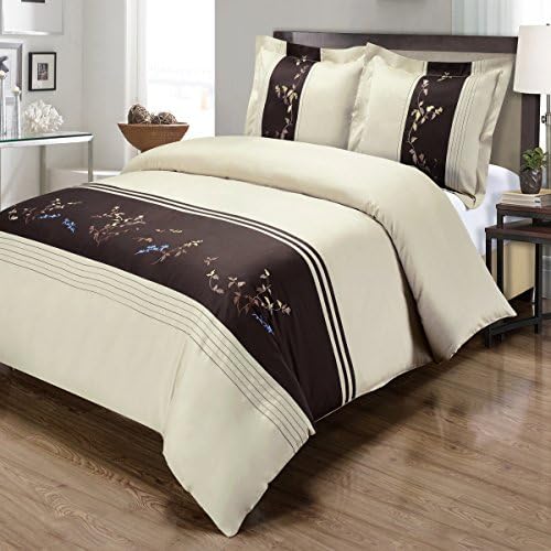 Celeste, Deluxe and Elegant warm stylish tones Duvet Cover Set, Featuring colored leaves of blue, taupe and sand on Chocolate and Beige Background. King/California King 3 Piece Duvet Cover Set
