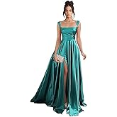 EBAKUS Spaghetti Straps Prom Dresses with Slit A-line Long Pleated Satin Bridesmaid Dresses with Pockets