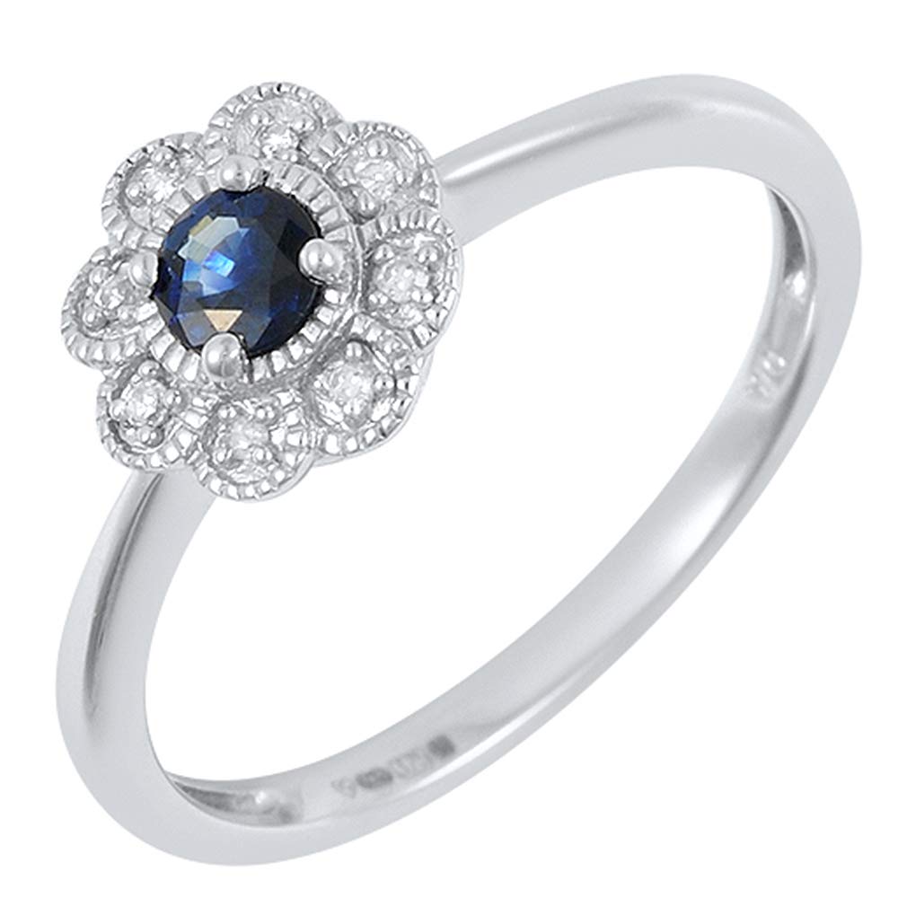 Ivy Gems 9ct White Gold Sapphire and Diamond Millegrain Ditsy Flower Ring (N)
