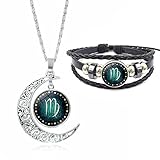 Fashion 12 Constellations Beaded Hand Woven Leather Bracelet and Moon Pendant Necklace Zodiac Sign Jewelry Set (Virgo)