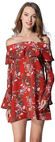 EOVVIO Women's Floral Ruffles Off Shoulder Mini Dress Long Shirt (S, Red)