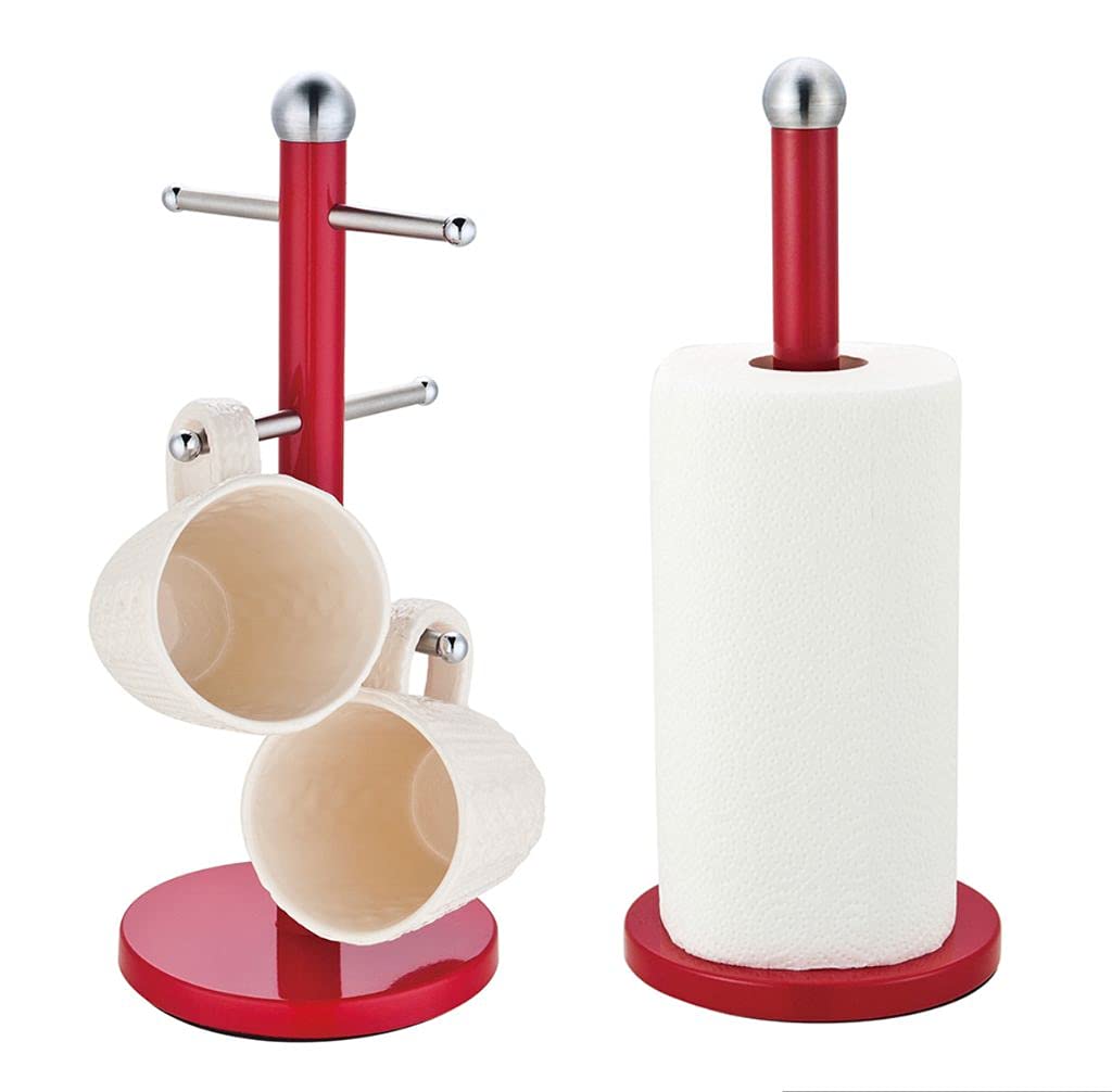 Royal Cuisine Kitchen Roll Paper Towel Stand Pole Holder and 6 Cup Mug Tree Set with Weighted Anti-Slip Base Stainless Steel (Red)